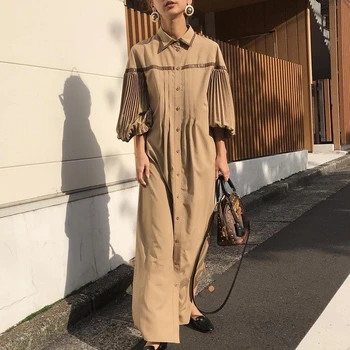Vintage Chic Lantern Sleeve Pleated Dress Women Fashion 2020 Summer Fall PU Trim Patchwork Single-breasted Long Dress With Belt
Vintage Chic Lantern Sleeve Pleated Dress Women Fashion 2020 Summer Fall PU Trim Patchwork Single-breasted Long Dress With Belt