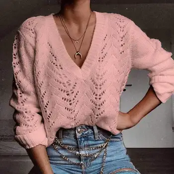 2020 Autumn Knitted Sweaters Women V neck Long Sleeve Sweater Casual Solid Hollow Out Pullover Female Loose Knitwear Tops Jumper
2020 Autumn Knitted Sweaters Women V neck Long Sleeve Sweater Casual Solid Hollow Out Pullover Female Loose Knitwear Tops Jumper