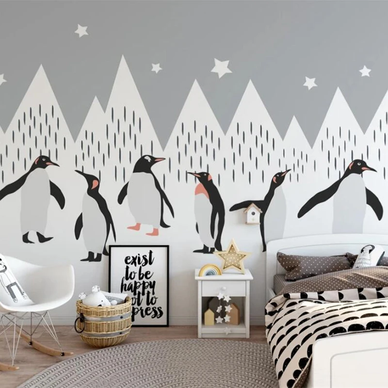 

Custom 3D Cartoon Mural Wallpaper Modern Snow Mountain Penguin Animal Wall Painting Children's Bedroom Background Home Decor 3 D