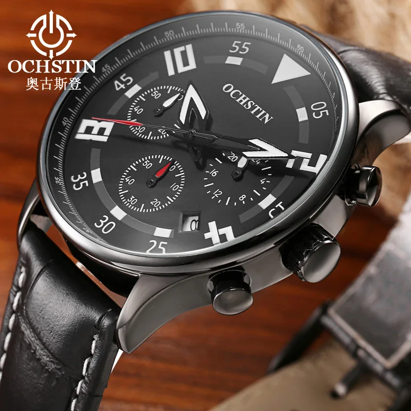 Augustus Deng Multi-functional MEN'S Watch Cool Watch Casual Genuine Leather Men Six-pin Sports Watrproof Watch