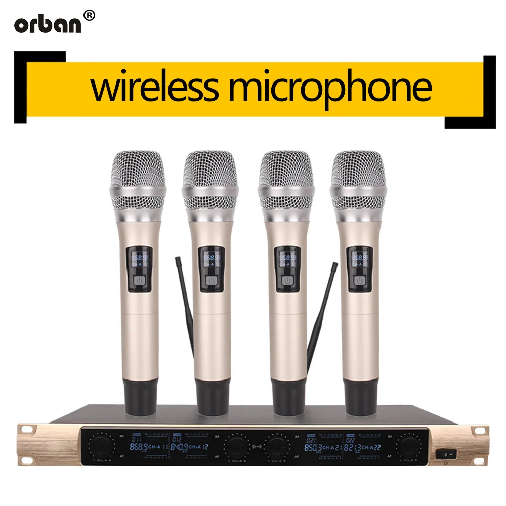 Metallic 4-channel UHF wireless microphone system with 4 handheld devices for stage church family gathering karaoke
Metallic 4-channel UHF wireless microphone system with 4 handheld devices for stage church family gathering karaoke