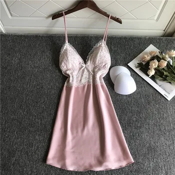 Sexy Lace Nightdress Ladies Summer Fun Strap Ice Silk Extreme Temptation with Chest Pad Thin Dress Skirt Bath Nightgowns Nighty 
Sexy Lace Nightdress Ladies Summer Fun Strap Ice Silk Extreme Temptation with Chest Pad Thin Dress Skirt Bath Nightgowns Nighty