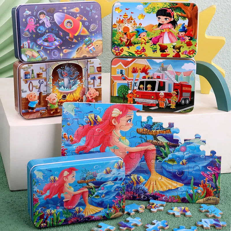 

60pcs Colorful Wooden Jigsaw Puzzles with Cartoon Snow White/Cinderella/Princess/Underwater Wold Construction Toys in Iron Box
