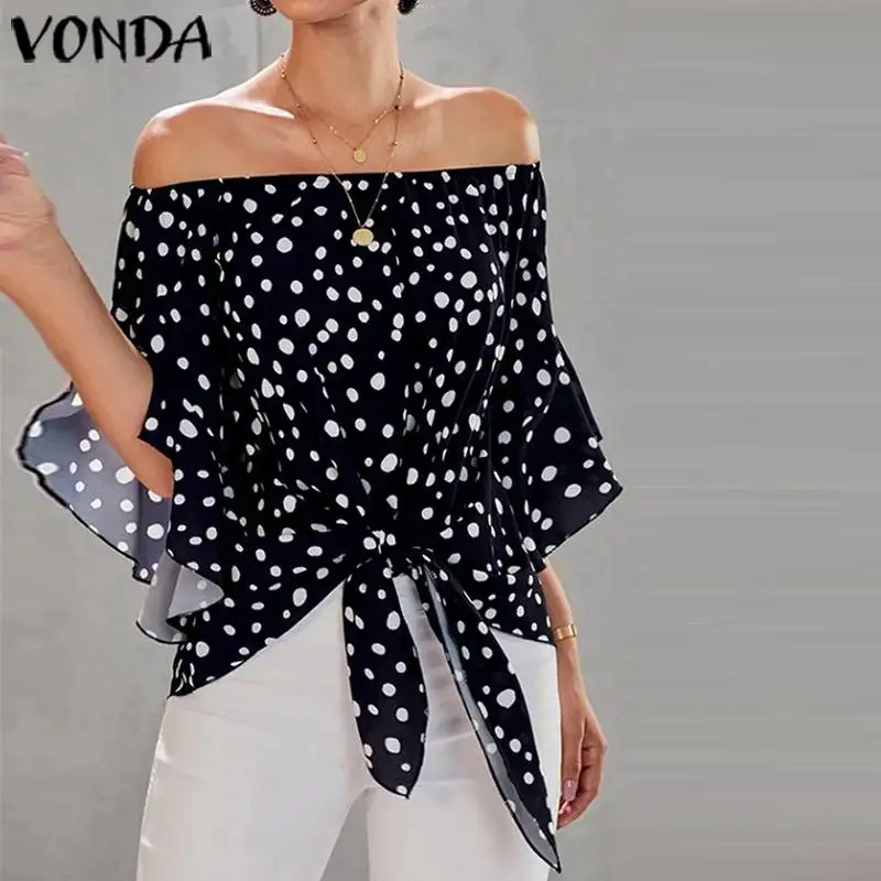 Фото Женские блузки и топы VONDA сексуальные рубашки в горошек с открытыми плечами