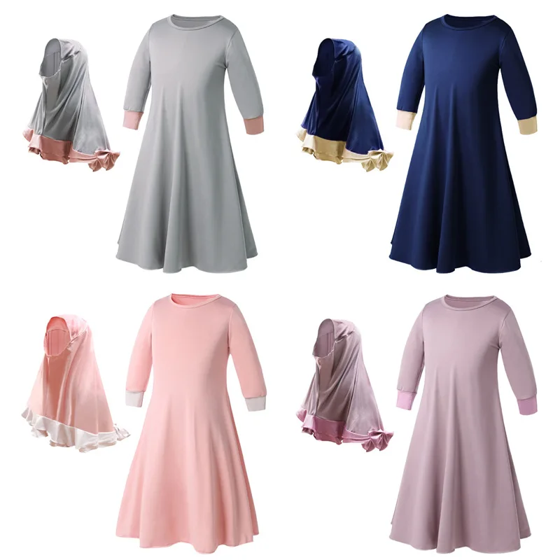 Girls Muslim Long-sleeved Dress ChildrenTurkey Dubai Arabian Clothes With Hijab 2Pcs Middle East Kids Ramadan Clothing 2-7 Years | Детская