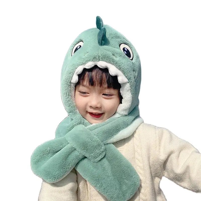 

Doitbest Cartoon Dinosaur children winter hats beanies set kids Child Knitted fur hat scarf One-piece boys girls Earflap caps