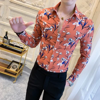 

2020 Club Prom Chemise Homme Manche Longue Camisa Inverno Masculina Casual Print Shirt Men Slim Dress Shirt Long Sleeve Shir