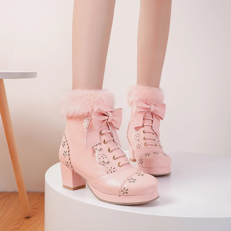 Lolita Girls Winter Boots Pink Women Fur Bowtie Butterfly-Knot Lovely Ladies JK-Uniform Japanese Cosplay Party Wedding Shoes Lolita Girls Winter Boots Pink Women Fur Bowtie Butterfly-Knot Lovely Ladies JK-Uniform Japanese Cosplay Party Wedding Shoes