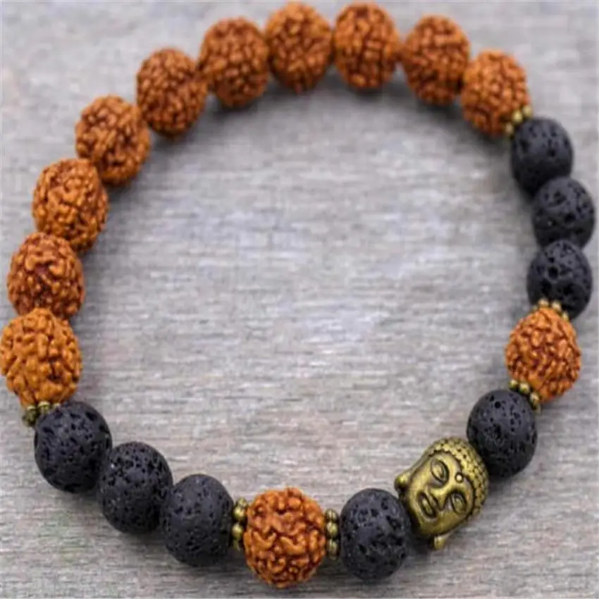 

8mm Rudraksha Volcanics Mala Bracelet Golden Buddha Handmade Reiki Spirituality Pray Healing Monk Wrist Yoga