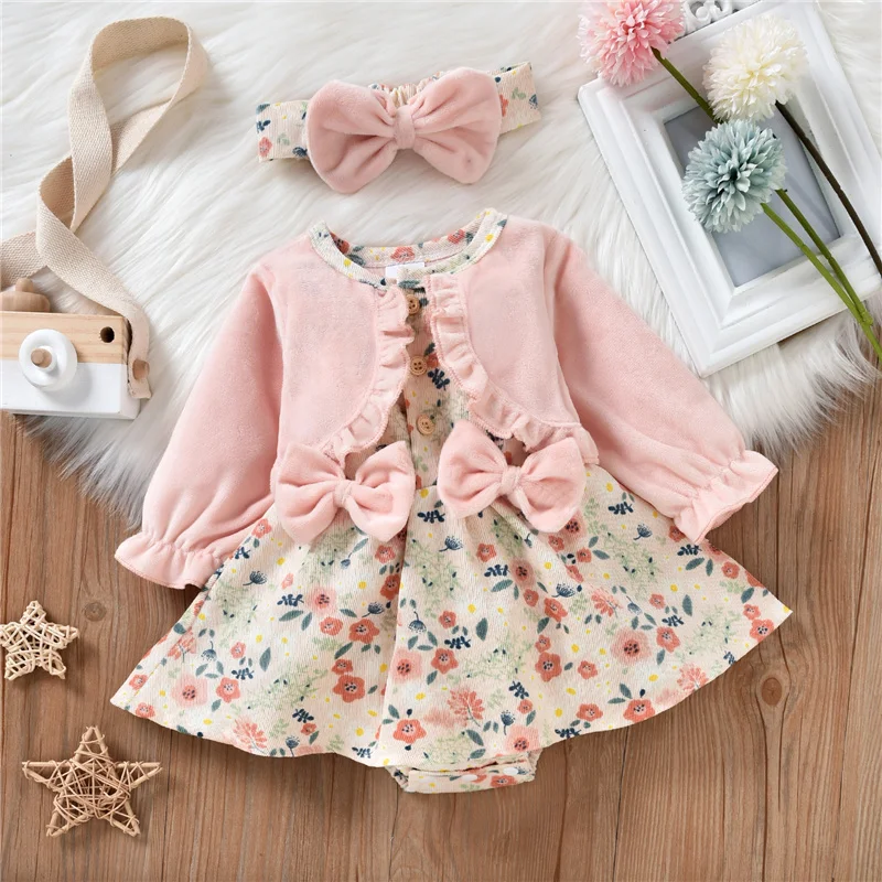 

Newborn Bbay Girl Casual Romper Skirt, Long Sleeve Floral Print Patchwork Dress Style Playsuit+Bow-Knot Decor Headband Set 0-18M