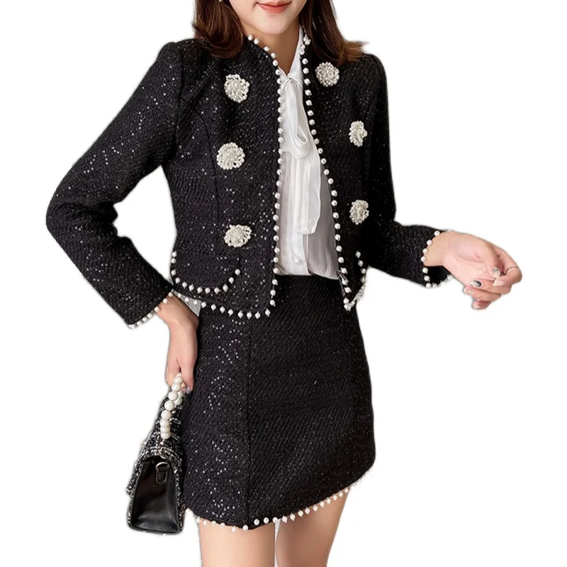 Women's Two Piece Set 2020 Autumn Winter Clothes Elegant Black Crop Top Pearl Beading Tweed Jacket and Mini Skirt Suit Sets
Women's Two Piece Set 2020 Autumn Winter Clothes Elegant Black Crop Top Pearl Beading Tweed Jacket and Mini Skirt Suit Sets