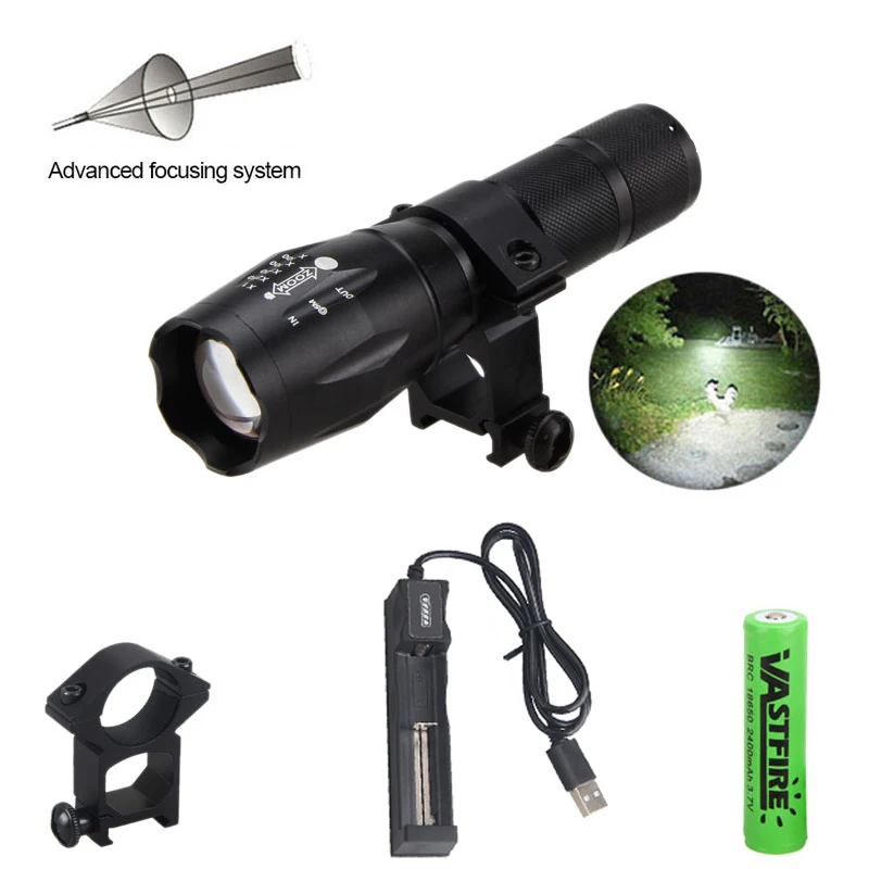 

6000LM XM-L T6 Zoomalbe Led Weapon Gun Light Tactical Hunting Flashlight 7 Modes+Rifle Scope Rail Mount+Switch+18650+Charger