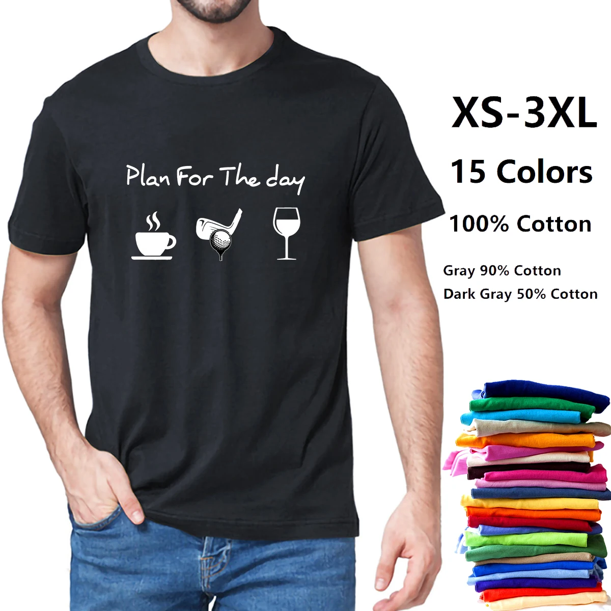 

Plan For The Day Coffee Golf Wine Daily Planner Coffee Lover Golf Player Wine Layered Funny Men's 100% Cotton Novelty T-Shirt