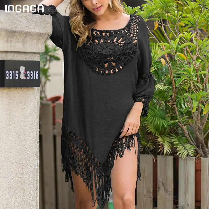 INGAGA Sexy Tassel Beach Dress Swimsuit 2020 Tropical Hollow Out Swimwear Solid Long Sleeve Beach Tunic Summer Black Cover Ups 
INGAGA Sexy Tassel Beach Dress Swimsuit 2020 Tropical Hollow Out Swimwear Solid Long Sleeve Beach Tunic Summer Black Cover Ups