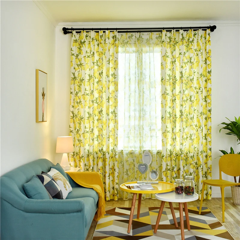 Фото GYC2341 шторы в скандинавском стиле с лимонным узором для гостиной Желтый Тюль