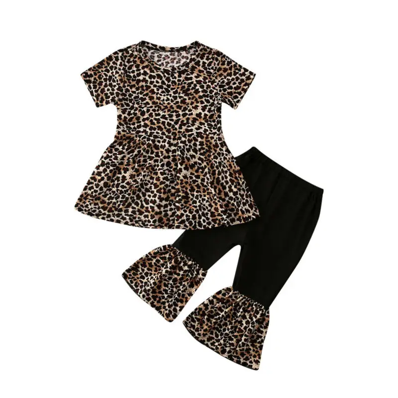 Комплекты хлопковой одежды для маленьких девочек леопардовое платье с короткими