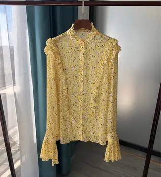 100% Viscose Yellow Blouse for women's long sleeved shirt Romantic small trumpet sleeves autumn luxurious ladies top
100% Viscose Yellow Blouse for women's long sleeved shirt Romantic small trumpet sleeves autumn luxurious ladies top
