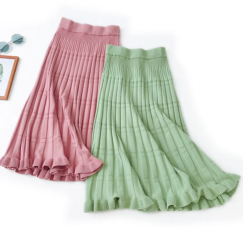 

Sherhure 2019 Women High Waist Knitted Long Skirt Stretch Flouncing Hem Women A-Line Pink Skirt Faldas Jupe Femme Saia