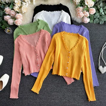 Teeuiear v neck Vintage Slim button Pull Femme autumn Knitted short Sweater Cardigan Top Women ruffles coat jumper Sweater
Teeuiear v neck Vintage Slim button Pull Femme autumn Knitted short Sweater Cardigan Top Women ruffles coat jumper Sweater