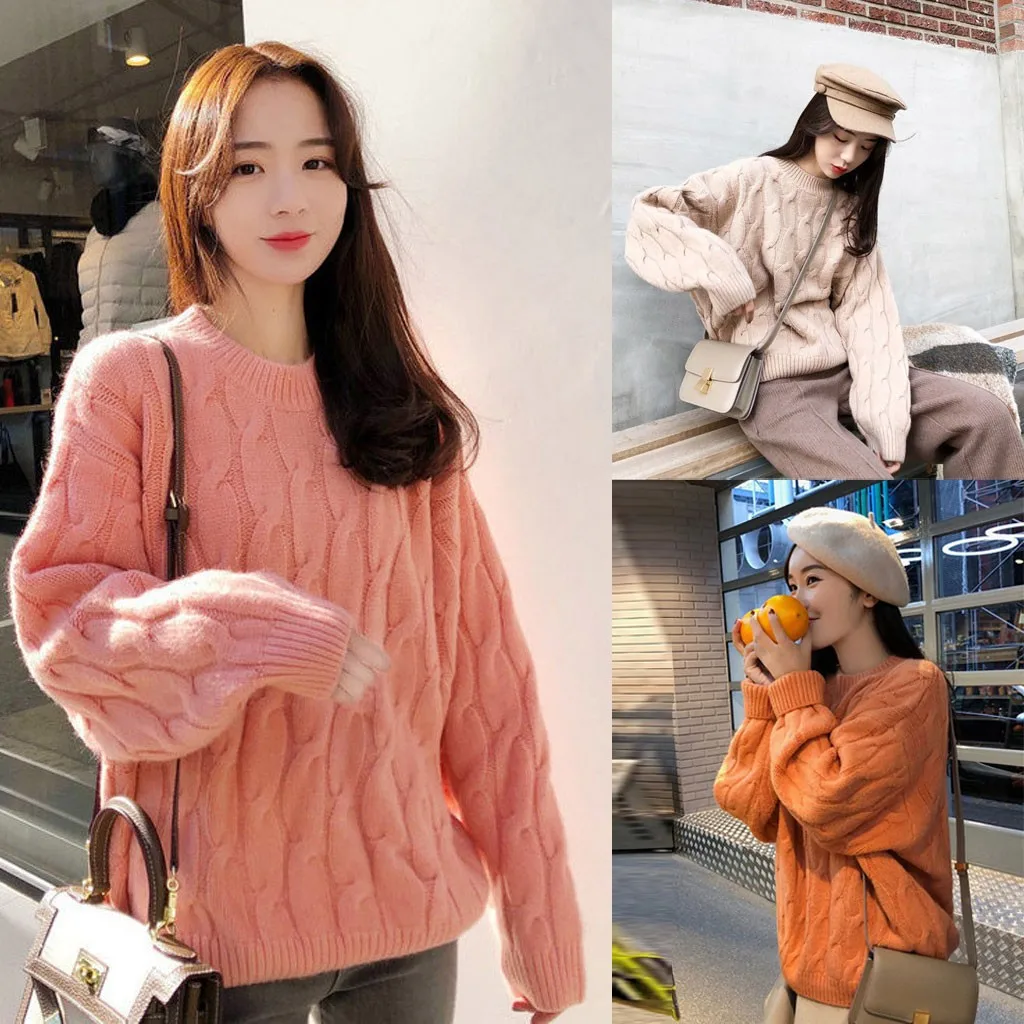 Jaycosin Fashion Women Casual Simple Long Sleeve Knitting Sweater Stylish Solid Color Comfortable Warm Lazy Wind Sweater