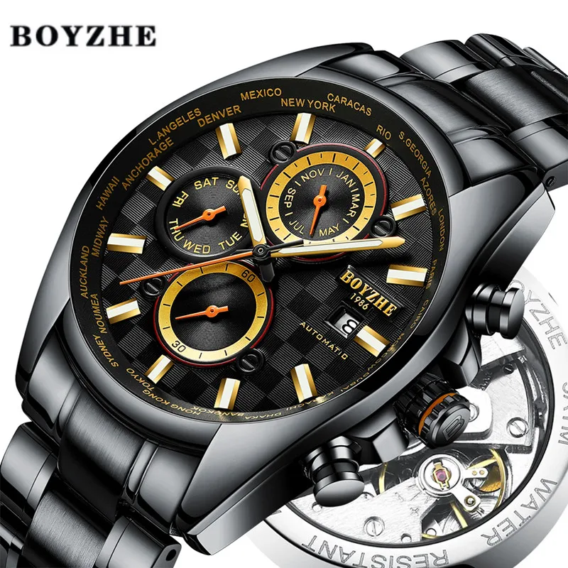 

BOYZHE Men Automatic Mechanical Watch Black Waterproof Sports Luxury Brand Watch Men Stainless Steel Watches Relogio Masculino