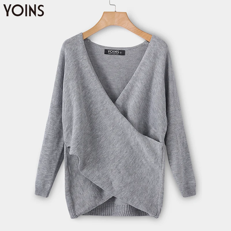 

YOINS Women Sweaters 2019 Autumn Winter Casual Pullovers Sexy V Neck Irregular Jumper Pull Femme Knitwear Long Sleeve Knit Tops