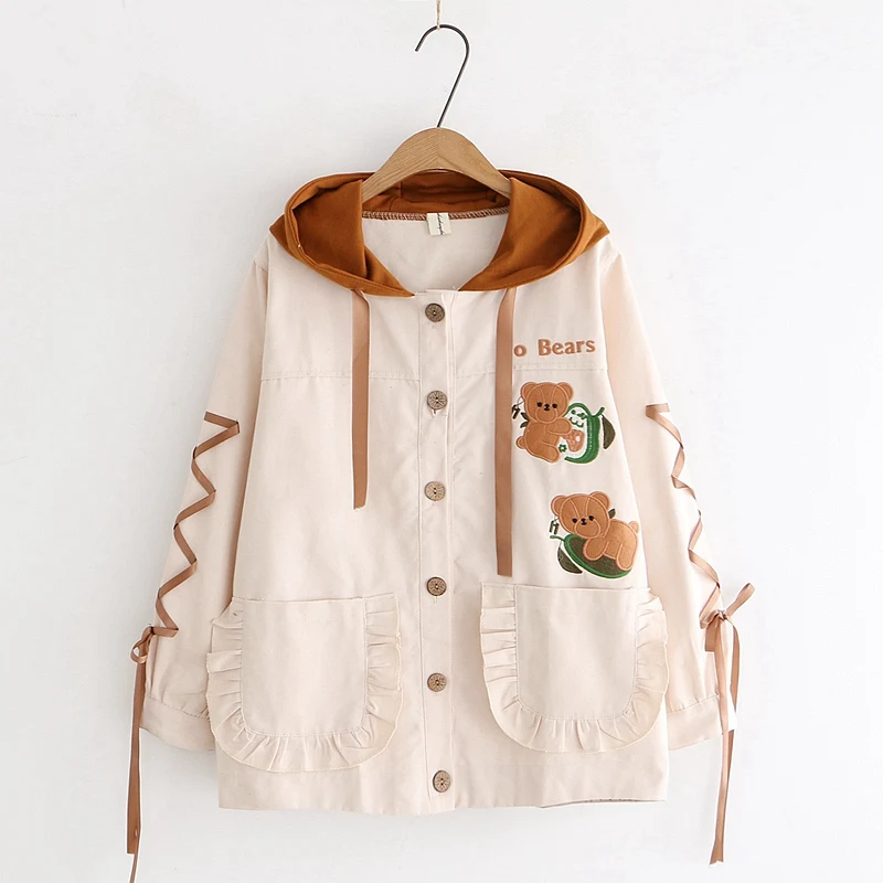 

Autumn Cute Bear Women Jacket Japanese Style Mori Girl Lolita Kawaii Cartoon Ruffle Pockets Bandage Hooded Coat Female Outerwear