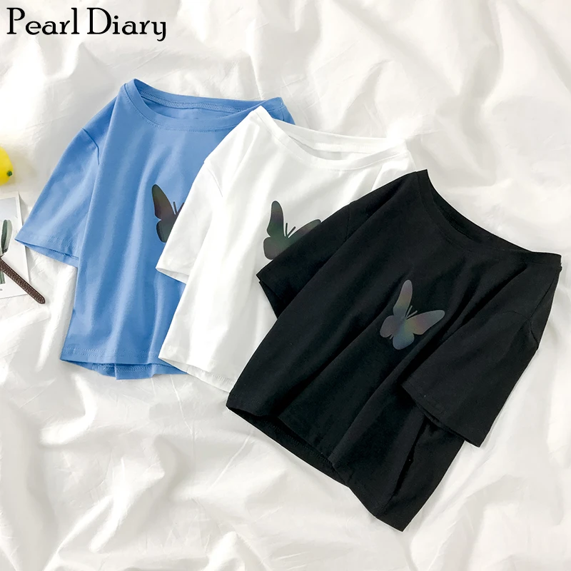 Pearl Diary Women Butterfly Print Crop Tshirts Femme Laser Reflective Print Short Sleeve Summer High Street Casual Loose Tops
Pearl Diary Women Butterfly Print Crop Tshirts Femme Laser Reflective Print Short Sleeve Summer High Street Casual Loose Tops