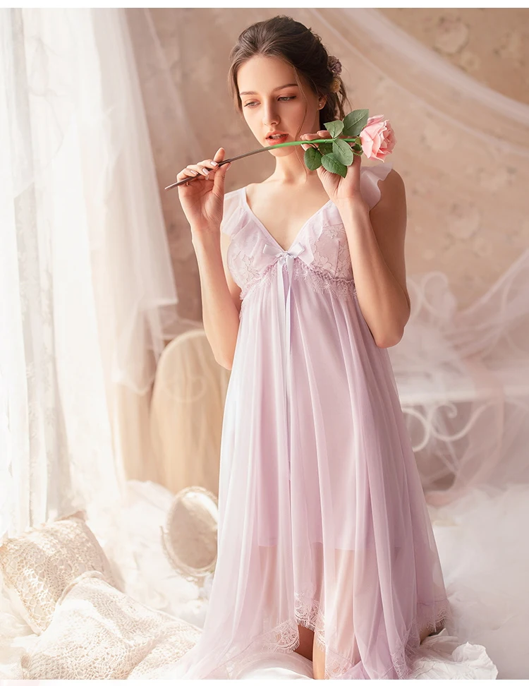 Waliicorners Fairy retro palace style sweet princess female nightgown summer cotton silk sleepwear lace V-neck nightdress 13 Hd26b8f9d04c744c3a929c18a0ecb03f7Q