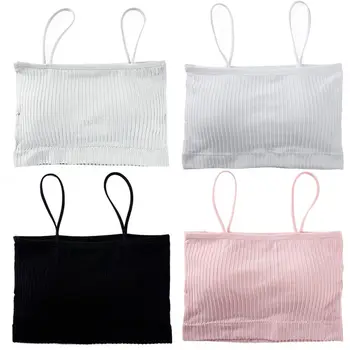 Women Girl Spaghetti Strap Bandeau Tube Top Ribbed Knit Wirefree Basic Camis Removable Padded Wrapped Chest Bustier