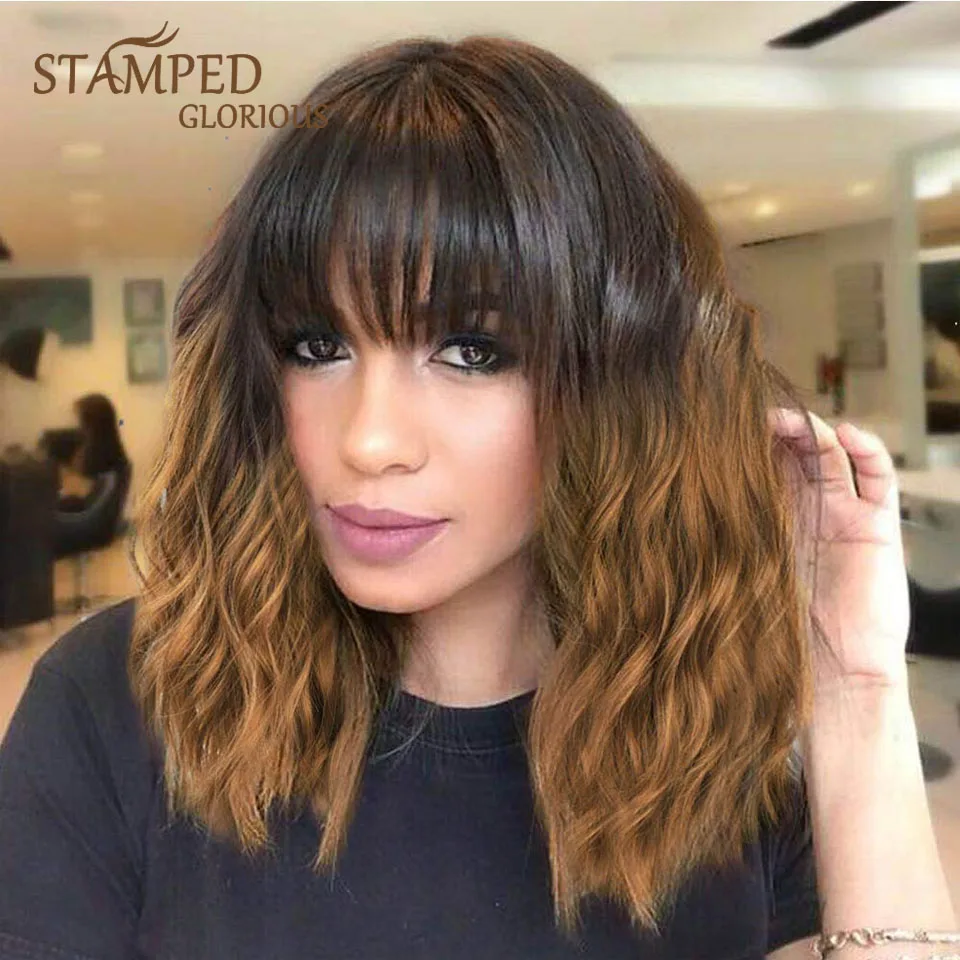 Stamped Glorious 14inches Natural Wave Short Wig Ombre Black Brown With Bangs Heat Resistant Synthetic Wigs for Black Women
Stamped Glorious 14inches Natural Wave Short Wig Ombre Black Brown With Bangs Heat Resistant Synthetic Wigs for Black Women