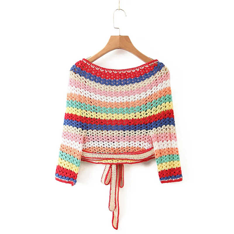 2020 BOHO Lacing up Colored Striped Hand crochet Cardigan Sweater Women Bandage Mini Short Shorts Half Sleeve Tops 2 Pieces Set