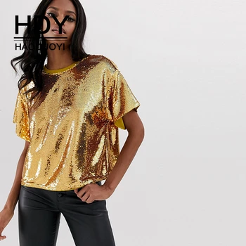 HDY Haoduoyi Fashion Personality Solid Sequin Stage Suit Loose Comfortable Round Neck Short Sleeve Split Halter T-shirt 
HDY Haoduoyi Fashion Personality Solid Sequin Stage Suit Loose Comfortable Round Neck Short Sleeve Split Halter T-shirt