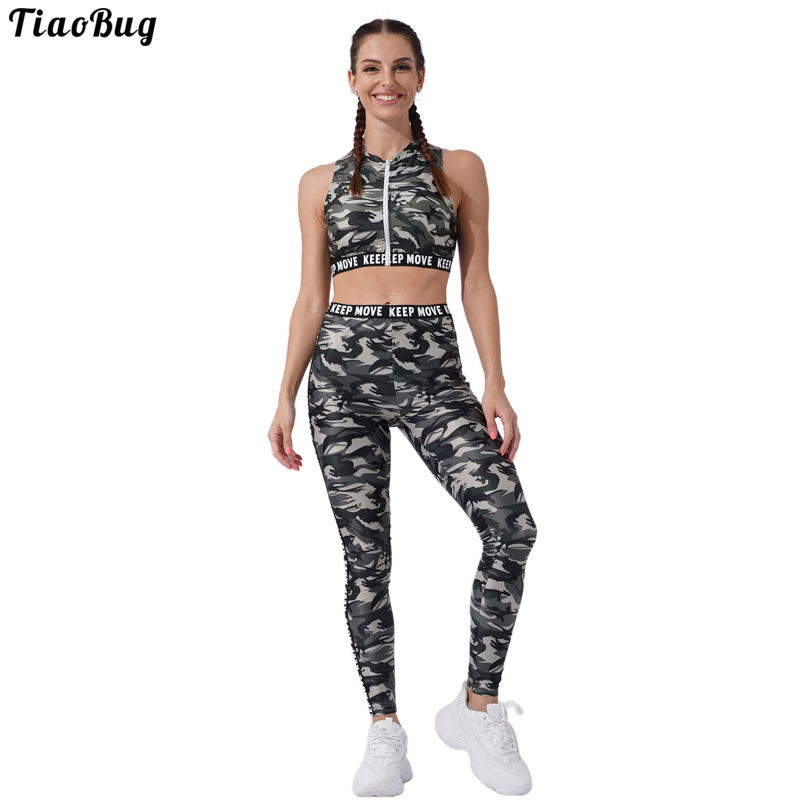

TiaoBug Women Summer Clothes Set Sleeveless Round Neckline Zipper Front Racer Back Crop Padded Top With Leggings For Yoga Gym