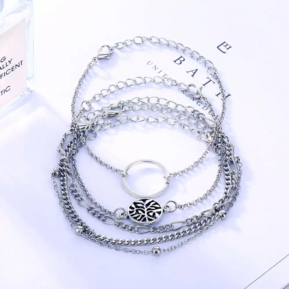 silver tree leaves circle beads charm bracelet set for women