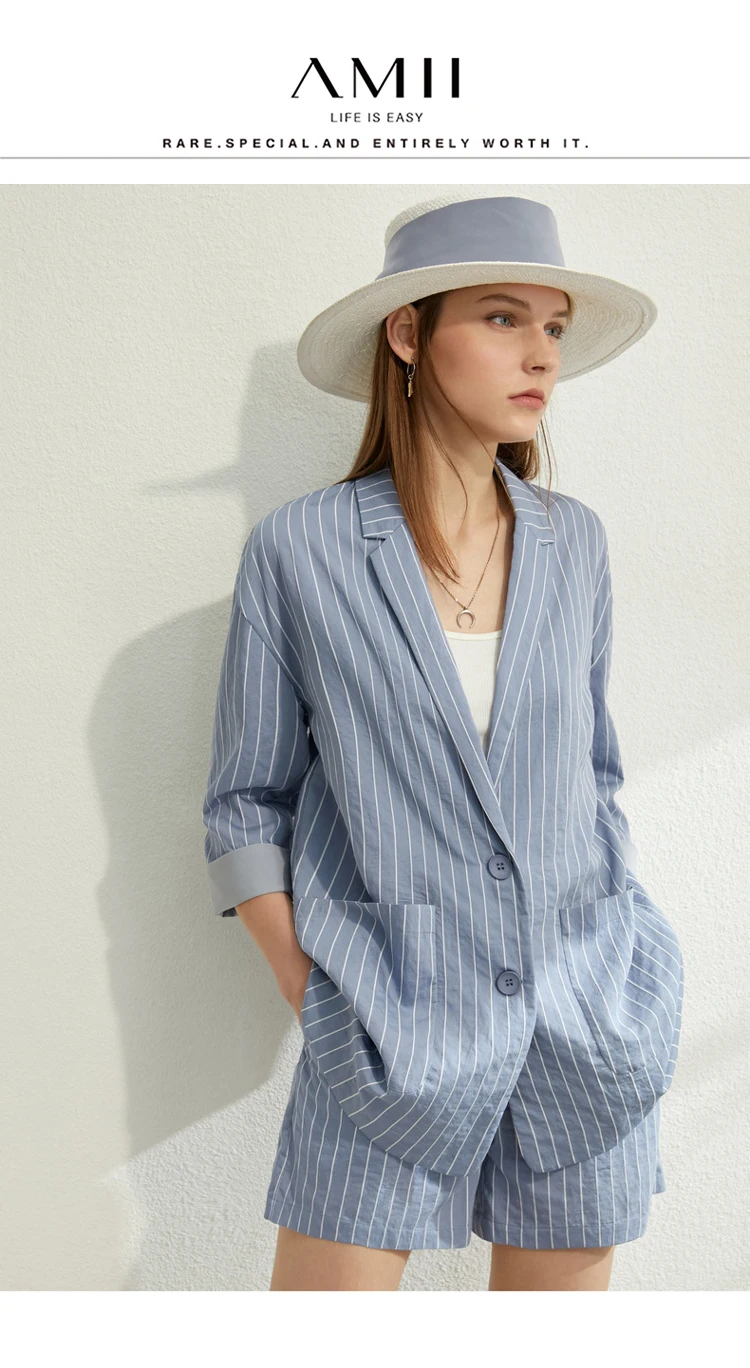 AMII Minimalism Spring Summer Suit Set Lapel Stripe Three Quarter Sleeves Suit Coat High Waist Shorts 12030238