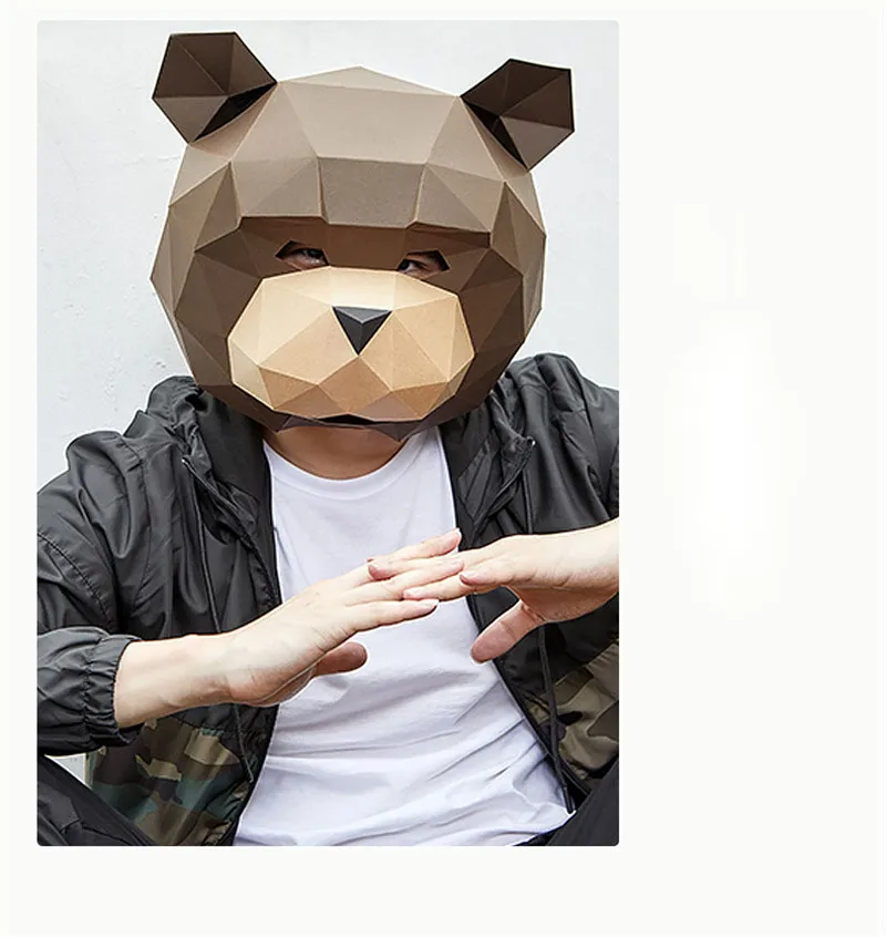 New DIY 3D Smile Teddy Bear Head Paper Mask Headgear Card Model Building Construction Toys Animals Party Show Halloween Props (9)