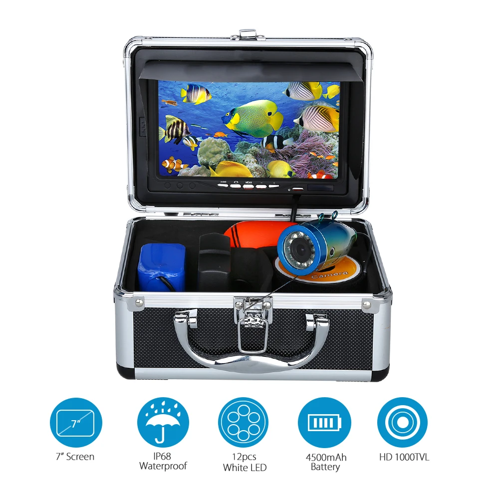 

7" Screen 15m Cable Underwater Fishing Video Camera 1000TVL 92degree Wide View Fish Finder With DVR Function
