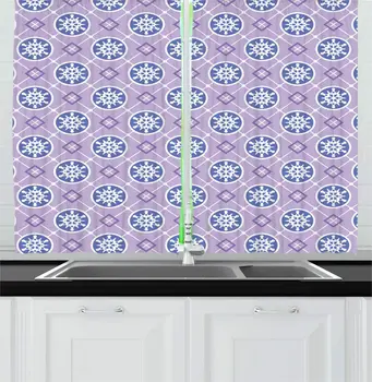 

Dark Ceil Blue Lavender Violet Kitchen Curtains Repetitive Round Motifs Geometric Rhombus Circles Composition Window Drapes