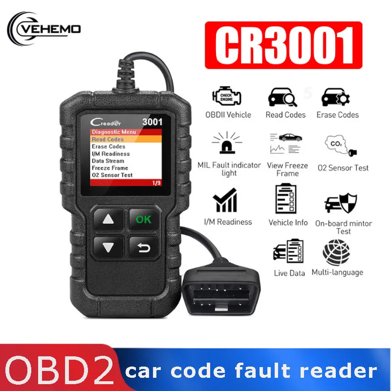 Vehemo CR3001 OBD2 Automotive Car Erase Scanner Universal Engine Scan Tool 3001 Diagnostic Code Reader for Launch
Vehemo CR3001 OBD2 Automotive Car Erase Scanner Universal Engine Scan Tool 3001 Diagnostic Code Reader for Launch