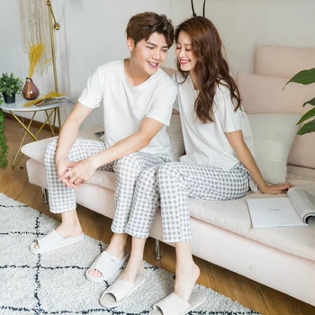 Japanese Pure Cotton Couple Pajamas Summer Korean Short Sleeve Long Pants Men's Two Piece Simple Solid Color Home Clothes Women 
Japanese Pure Cotton Couple Pajamas Summer Korean Short Sleeve Long Pants Men's Two Piece Simple Solid Color Home Clothes Women