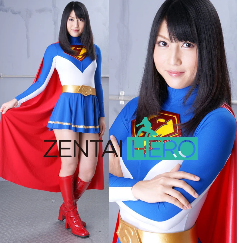 

New Arrival Women's Spandex Bodysuits Sexy Blue/White Supergirl Lady Hero Zentai Catsuit Lycra Movie Ranger Leotard With Cape