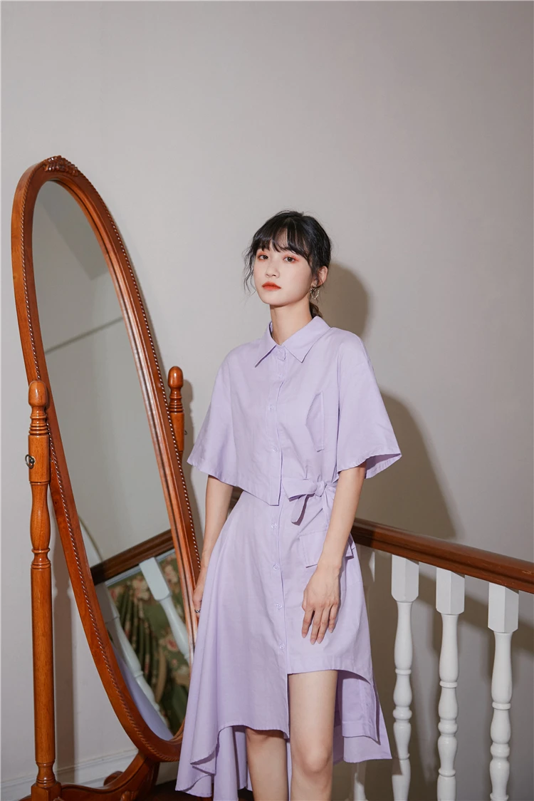 Hd29f1e65efb3478c9763bdfed705ca78F - Summer Korean Turn-Down Collar Short Sleeves Buttons Lace-Up Asymmetrical Long Shirt Dress