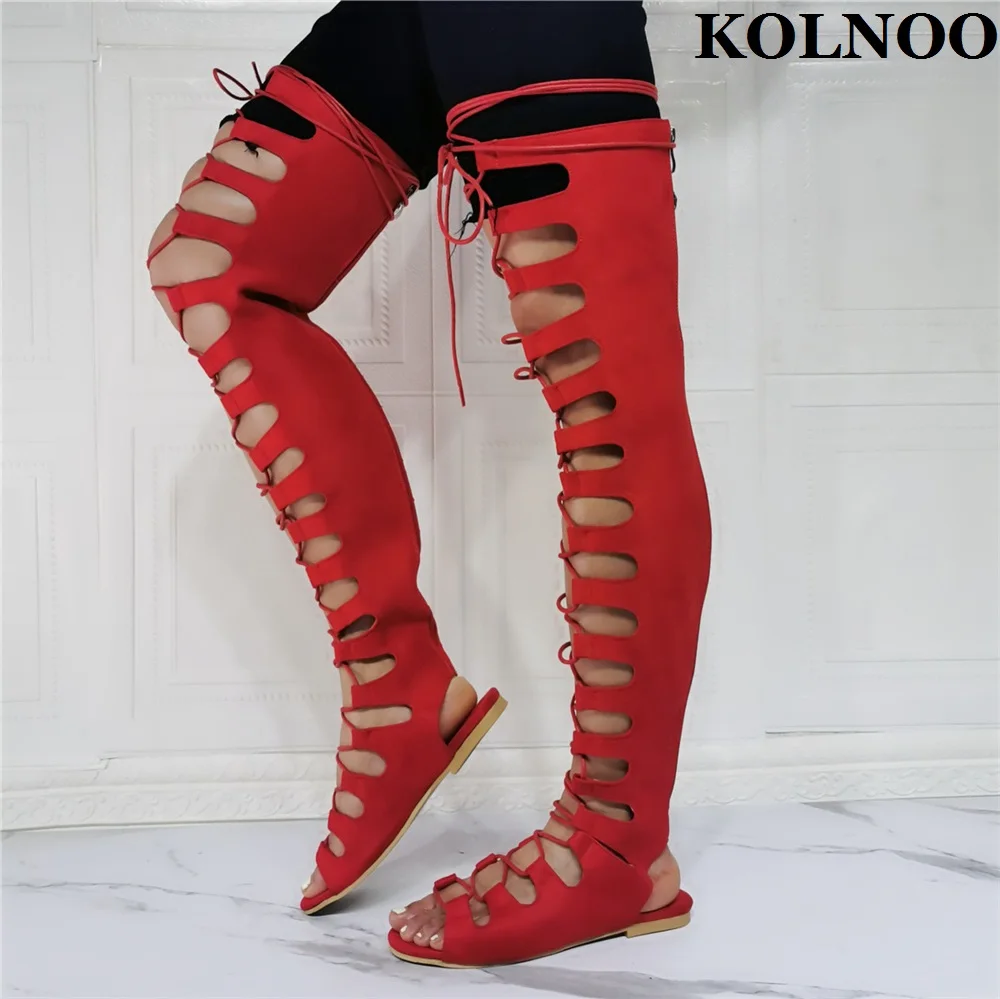 

Женские босоножки ручной работы Kolnoo, Красные босоножки из искусственной кожи на плоской подошве, с перекрестной шнуровкой, обувь для вечеринки, Клубная модная обувь