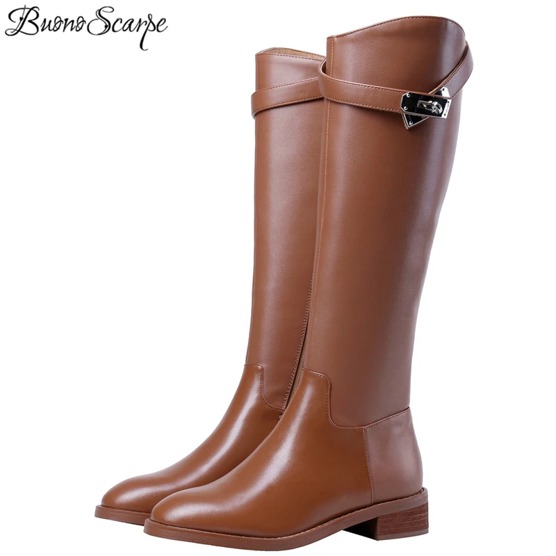 Buono Scarpe Brand Women Genuine Leather Boots Metal Lock Leather Strap Long Botas Mujer Round Toe Female Riding Boots New 2019
Buono Scarpe Brand Women Genuine Leather Boots Metal Lock Leather Strap Long Botas Mujer Round Toe Female Riding Boots New 2019