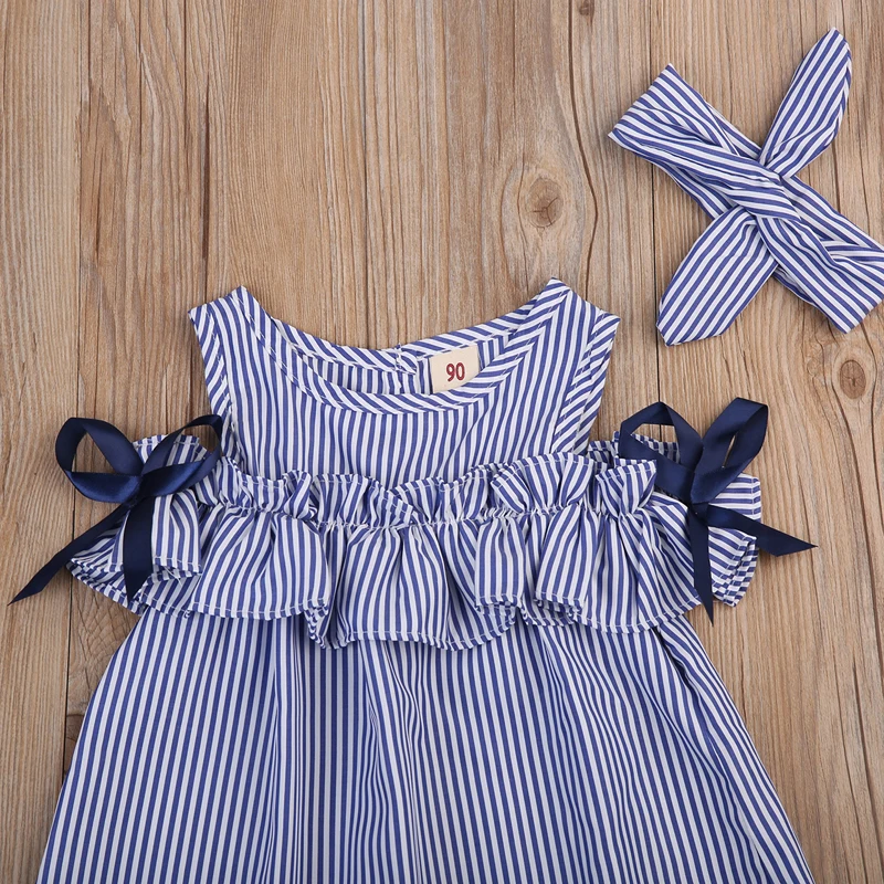 2020 Fashion Sweet Lovely Summer Dress Toddler Baby Girls Off Shoulder O-Neck Bow Blue Striped Straight Mini Dress Outfit Party 2020 Fashion Sweet Lovely Summer Dress Toddler Baby Girls Off Shoulder O-Neck Bow Blue Striped Straight Mini Dress Outfit Party