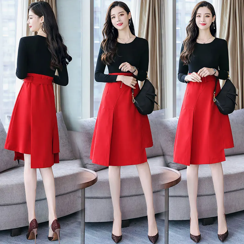 2019 Spring New Style Mock Two-Piece Dress Outfit Red Stitching Slimming High-waisted Fashion Dress Medium-length Dress Women's
2019 Spring New Style Mock Two-Piece Dress Outfit Red Stitching Slimming High-waisted Fashion Dress Medium-length Dress Women's