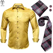 Hi-Tie Luxury Silk Mens Shirts Long Sleeve Gold Paisley Shirt Brown Plaid Neck Tie Pocket Square Cufflinks Set For Men Slim Fit 
Hi-Tie Luxury Silk Mens Shirts Long Sleeve Gold Paisley Shirt Brown Plaid Neck Tie Pocket Square Cufflinks Set For Men Slim Fit