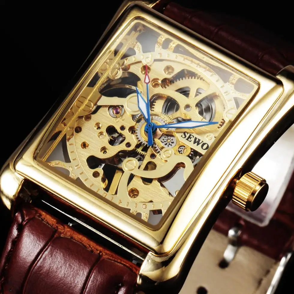 

Sewor Watch Luxury Gold Rectangle Watches Men Skeleton Watches Leather Band Mechanical Hand Wind Wristwatches Men Reloj Hombre