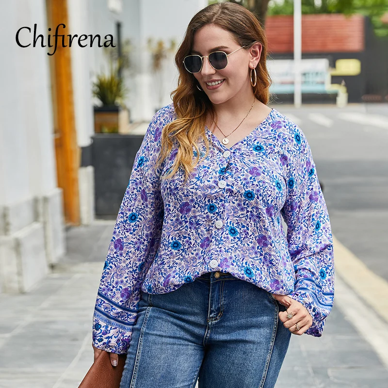 Chifirena Plus Size Autumn Blue Floral Print Women Blouse Long Sleeve Button Casual Tops Female Elegant V Neck Woman Blusa 2020
Chifirena Plus Size Autumn Blue Floral Print Women Blouse Long Sleeve Button Casual Tops Female Elegant V Neck Woman Blusa 2020